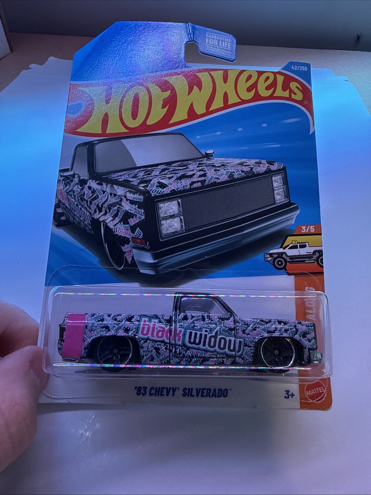 Hot Wheels ’83 Chevy Silverado Diecast 1:64 Scale Black Widow Truckin’ Along NIB