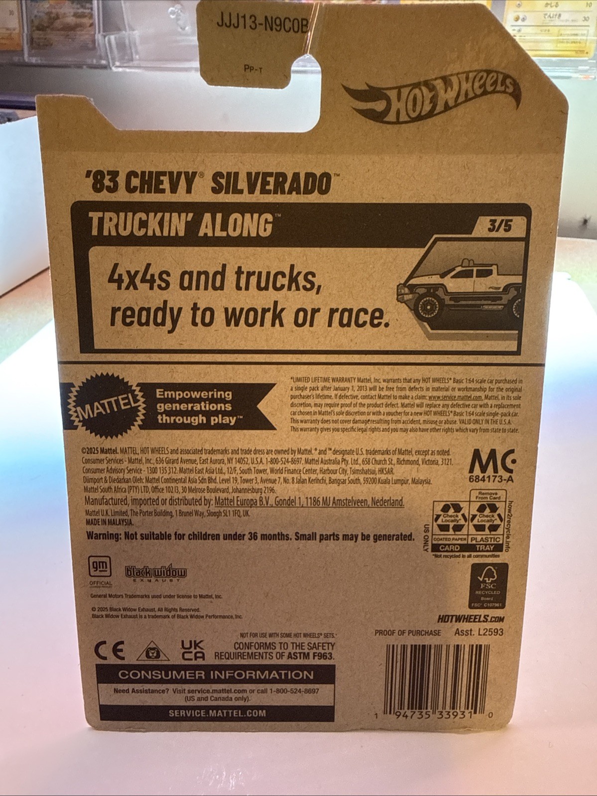 Hot Wheels ’83 Chevy Silverado Diecast 1:64 Scale Black Widow Truckin’ Along NIB