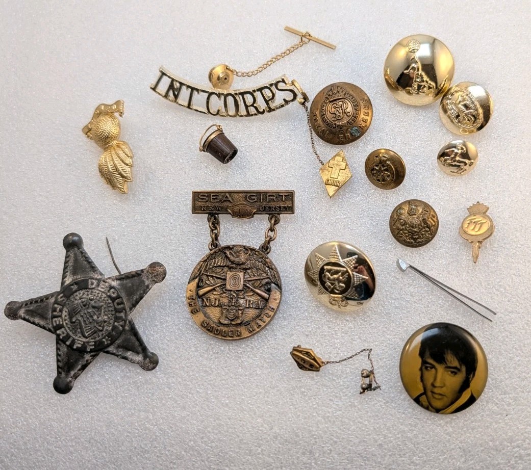 Vintage Estate Lot Of 18 Junk Drawer Medals Lapel Pins Buttons Sherrif Badge