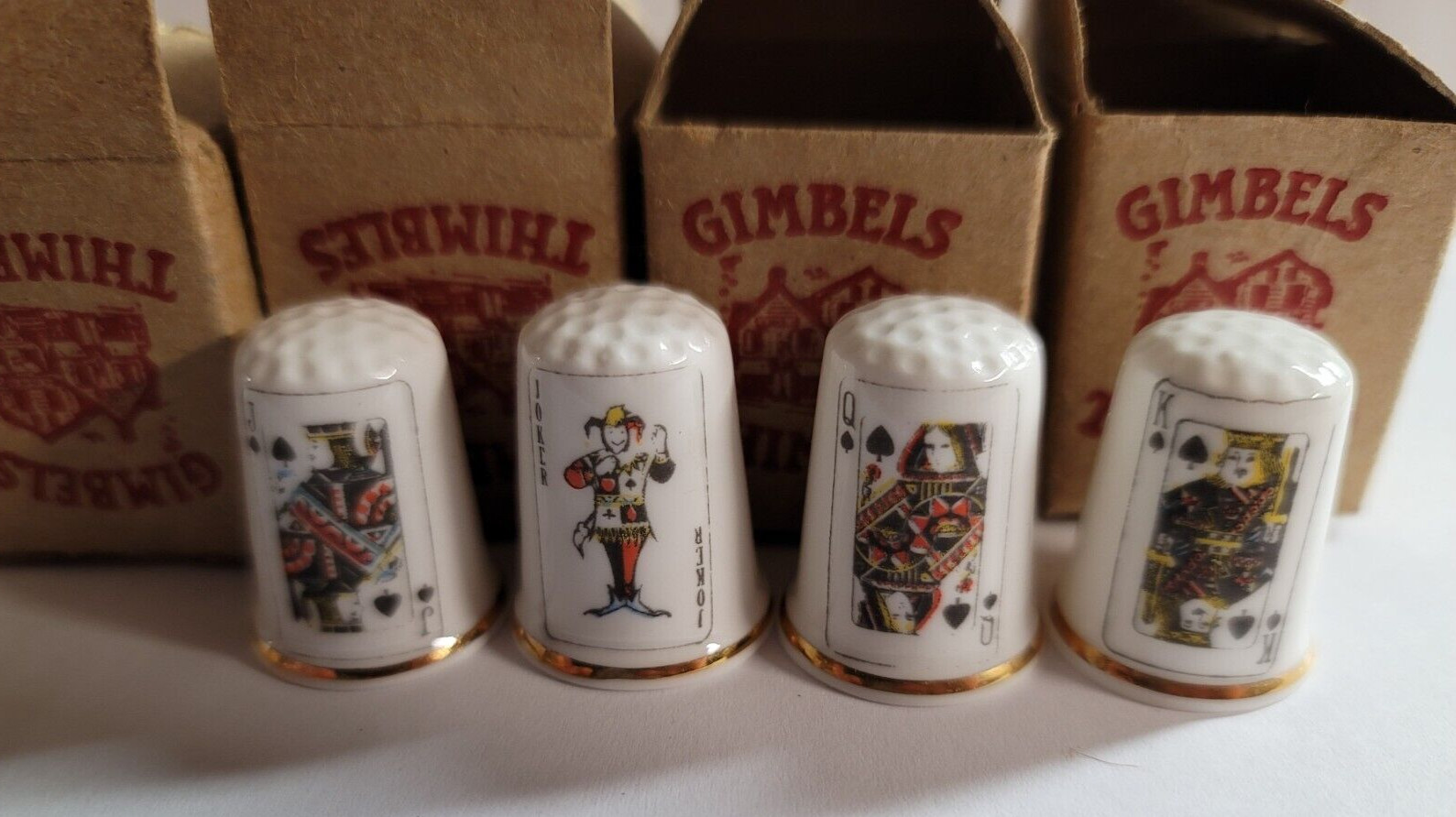 NEW SET OF 4 KING QUEEN JACK JOKER SPADES GIMBELS THIMBLES FINE BONE CHINA UK