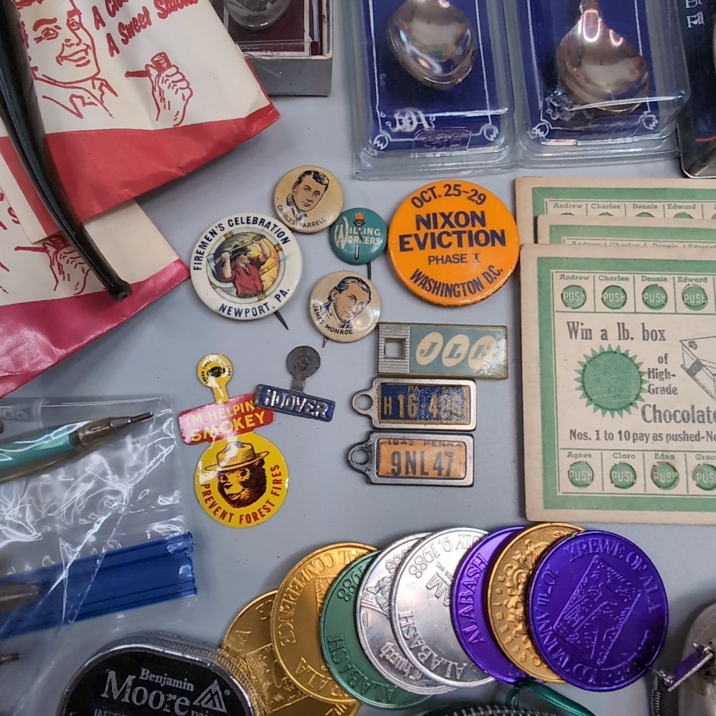 Vintage Collectibles Lot – Coins, Gemstones, Spoons, Toys, Spoons, Pins – Estate
