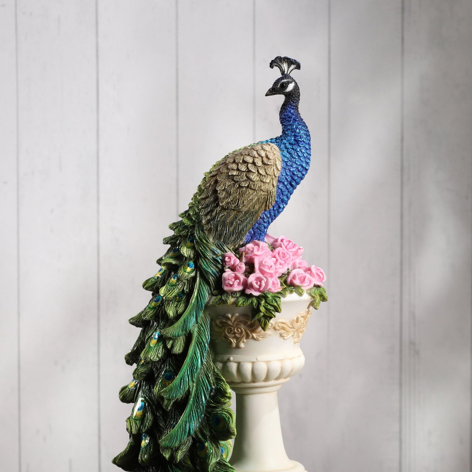 Veronese 13.625″ Peacock on Roman Column Resin Sculpture, Home Decor Collectible
