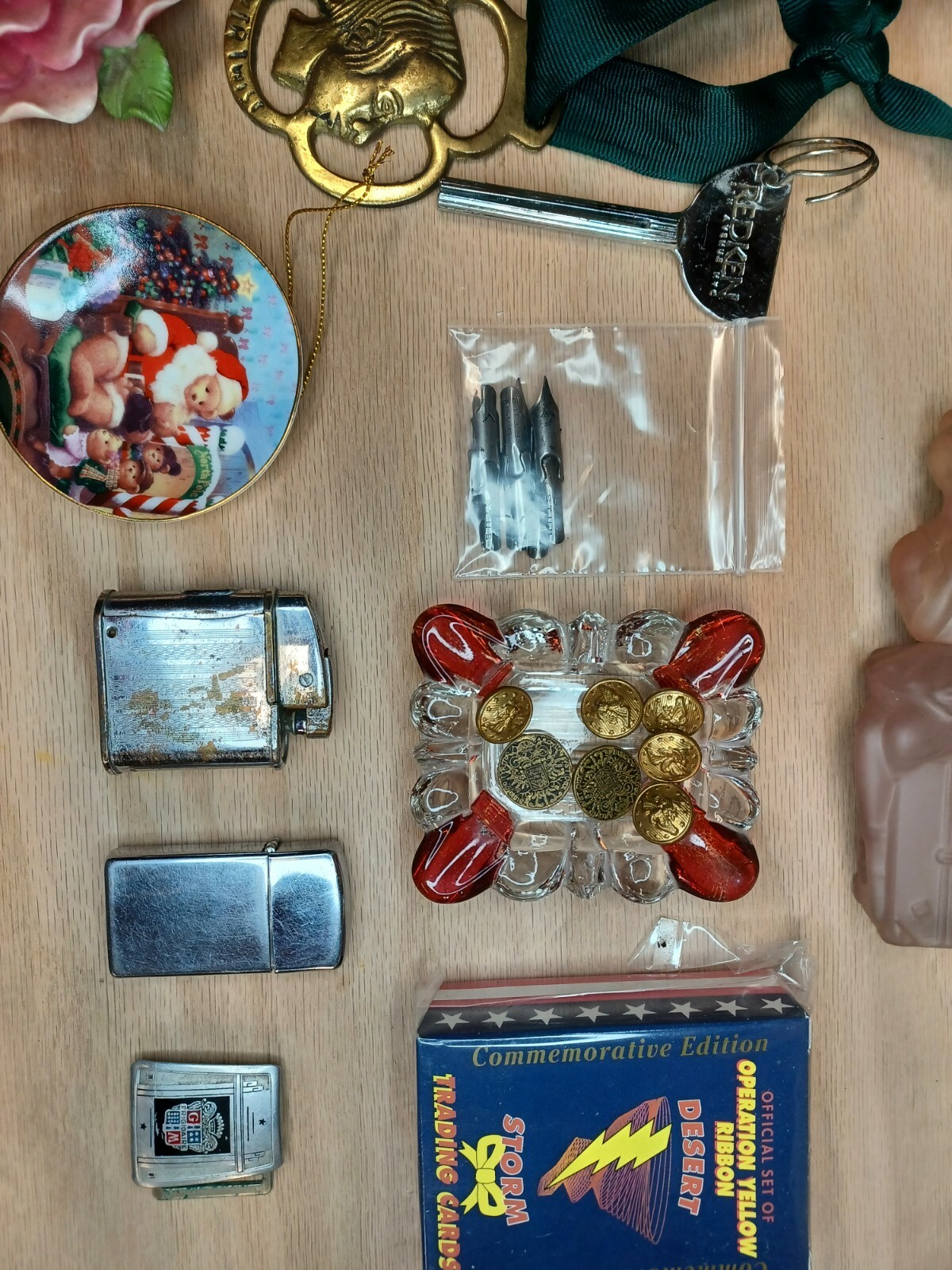 Vintage Junk Drawer Lot Military Buttons Zippo Space Shuttle Cup Lot