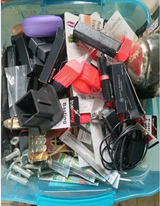 Lot Of Various Small Misc. Junk Drawer Items Box-6in X 6in X 6in SEE DESCRIPTION