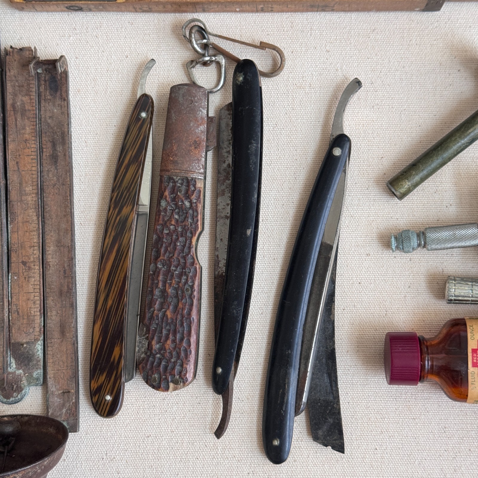 RARE Vtg Gentleman’s Junk Drawer Lot Shadow Box 30pc Shaving Apothecary Display