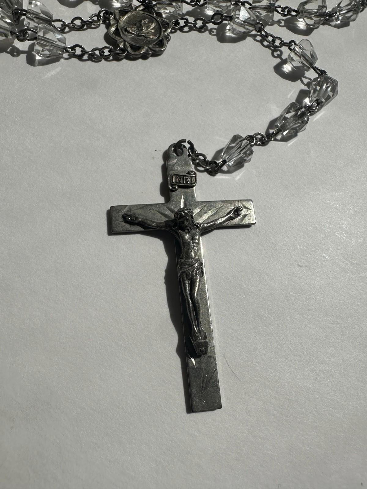 Vintage Sterling Silver Crucifix Clear Faceted Tear Drop Crystal Bead Rosary 19”