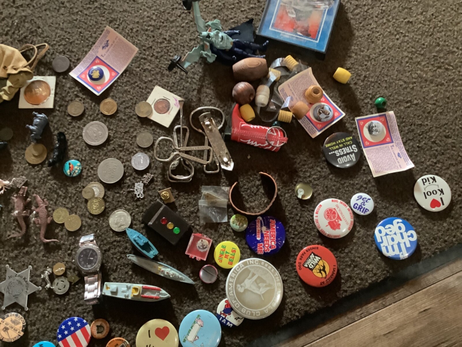 Vintage 0s junk drawer dime toys silver coin pins coins zippo knifes jewelry etc