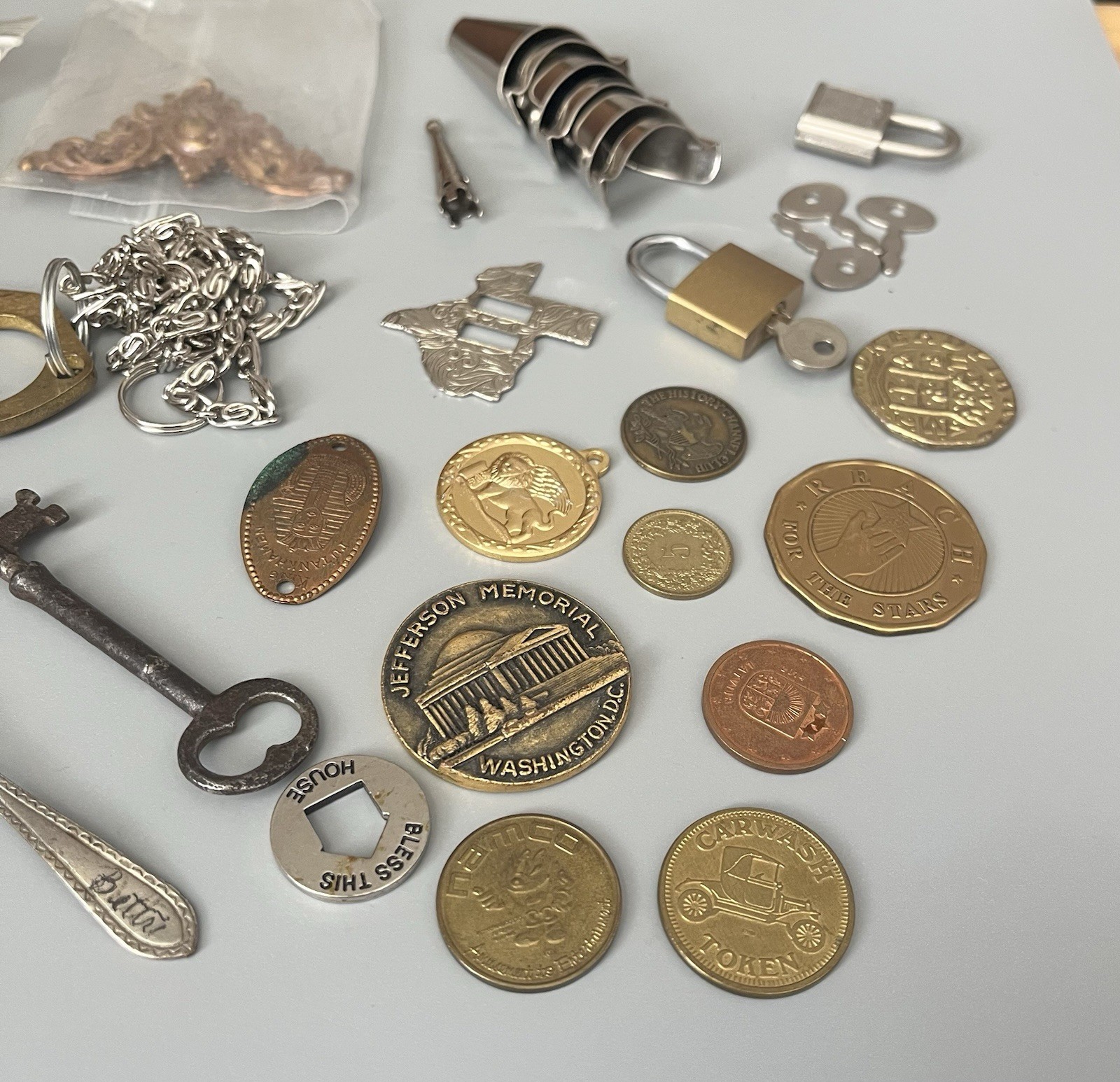 VTG Junk Drawer All Metal Misc Items Coins-Keys-Lock-And More
