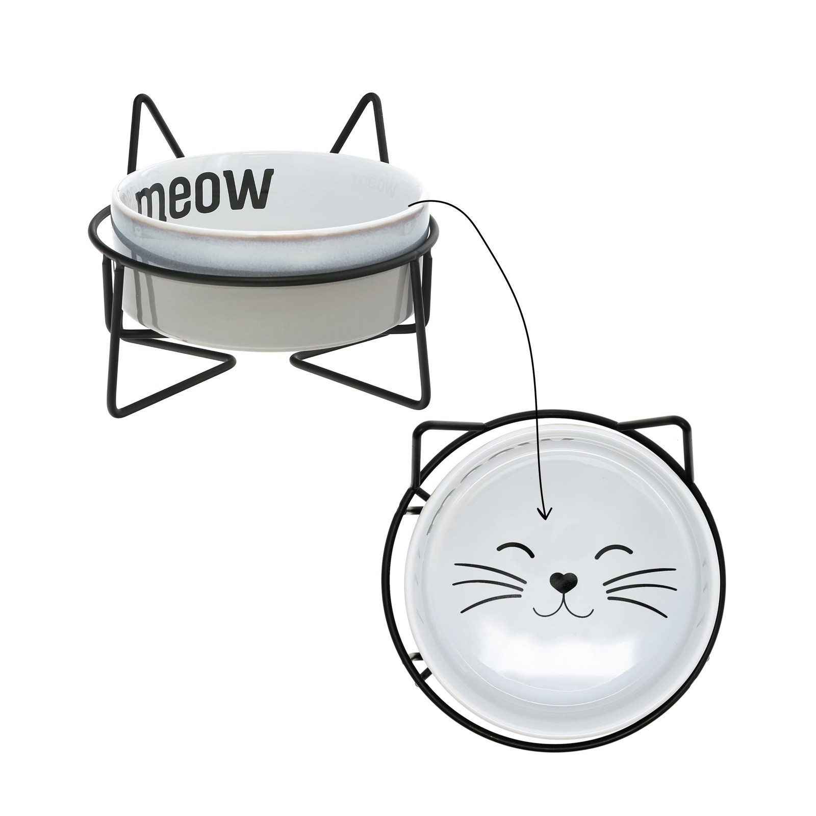 Pavilion Meow 13oz Cat Ceramic Food Bowl with Metal Stand, Whisker Safe
