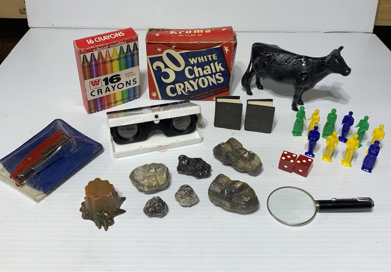 Vintage Junk Drawer Toy Lot 60’s 70’s Chalk Crayons Dice Plastic Rocks Figures +