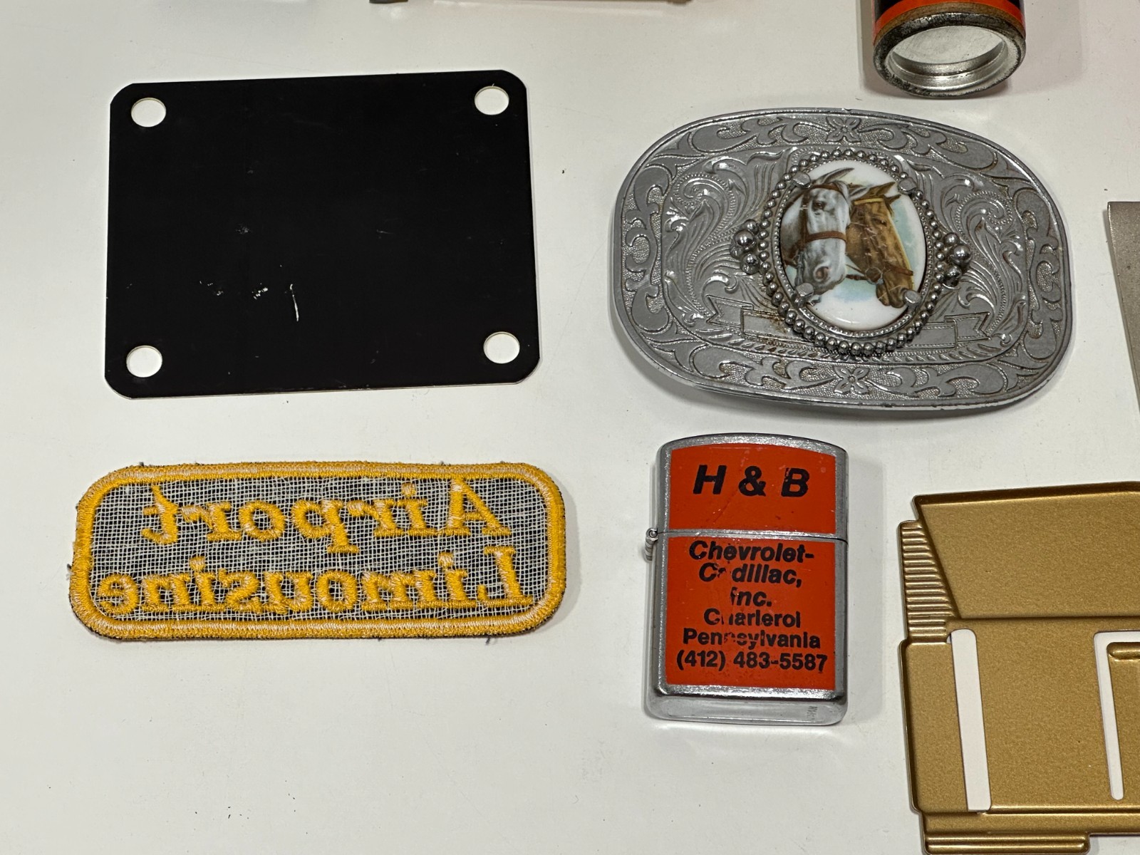 Vtg Advertising junk drawer lot lighters tins buckle badge zippo collectible