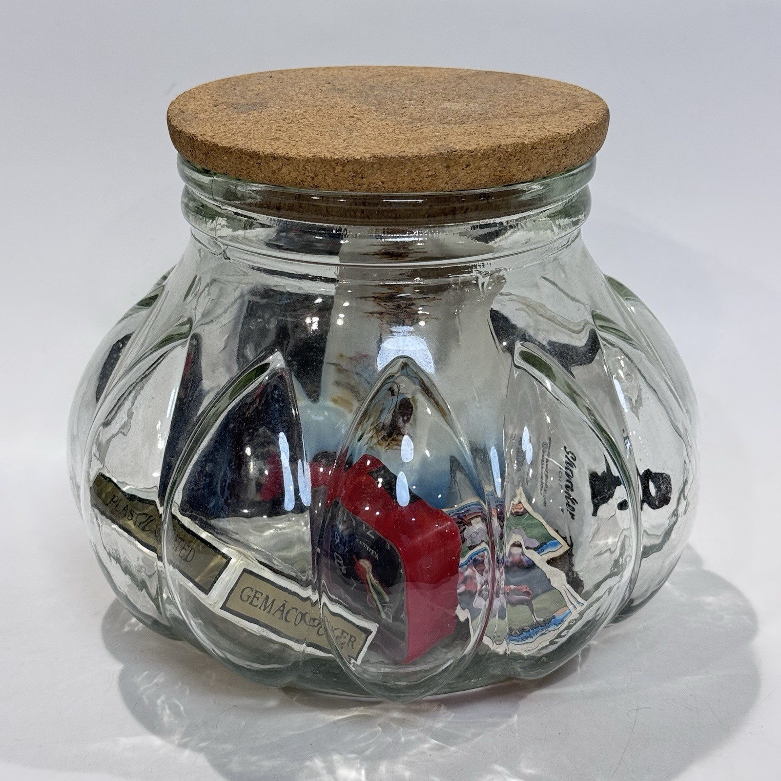 Vintage Curated Lot in Glass Jar w Cork Lid Cards Cracker Jack Bottle Caps Socks