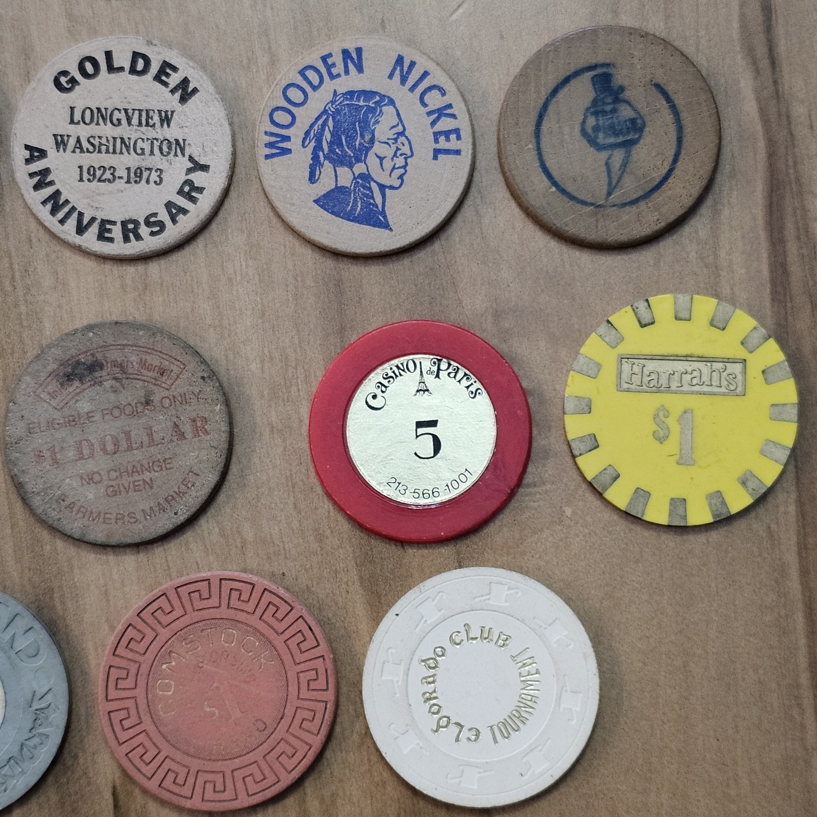 Junk Drawer Lot- Wooden Nickels, Casino Chips, Milk Cap -Washington, Oregon, Ect