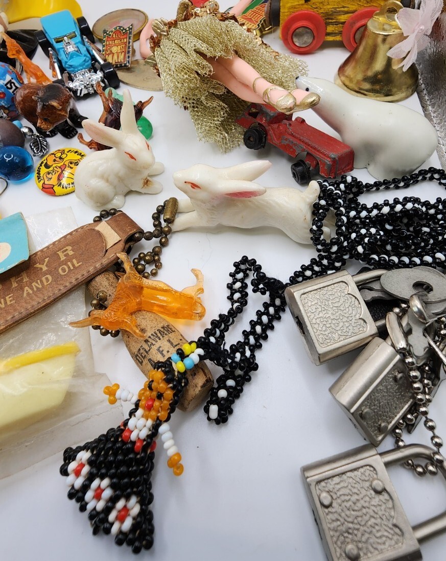 Vintage Antique Junk Drawer Lot Toys Keychain Pin Figurines Mixed Materials