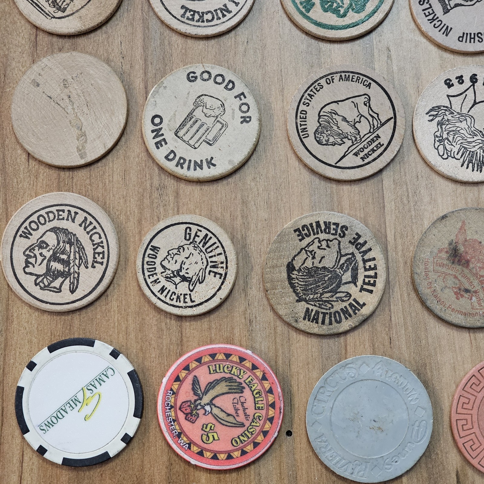 Junk Drawer Lot- Wooden Nickels, Casino Chips, Milk Cap -Washington, Oregon, Ect