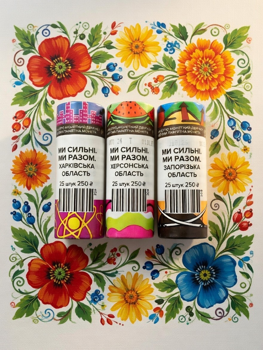 Lot of 3 rolls of coins from Ukraine’s regions. We are together. We are strong.
