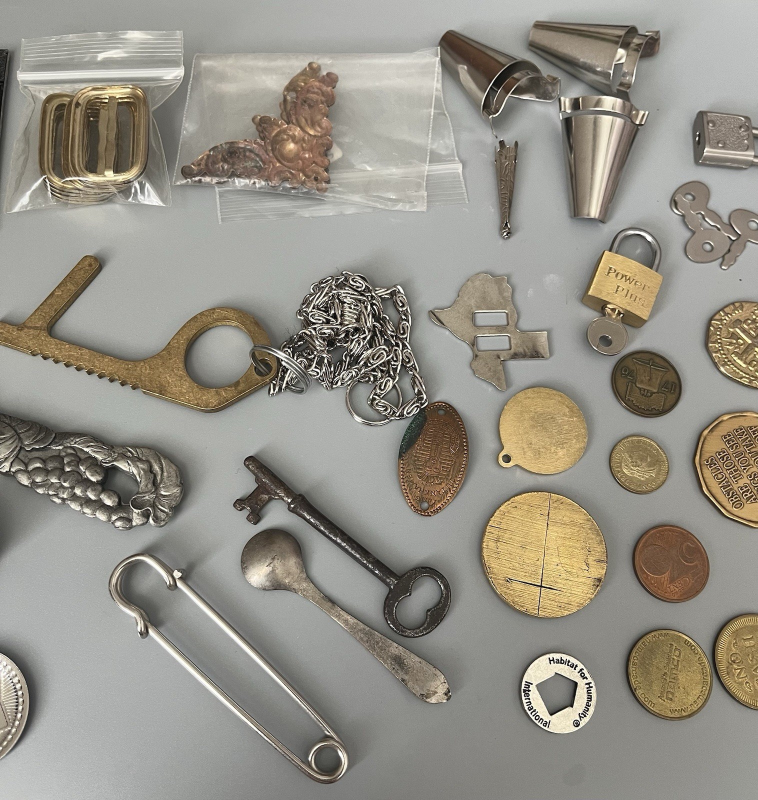 VTG Junk Drawer All Metal Misc Items Coins-Keys-Lock-And More