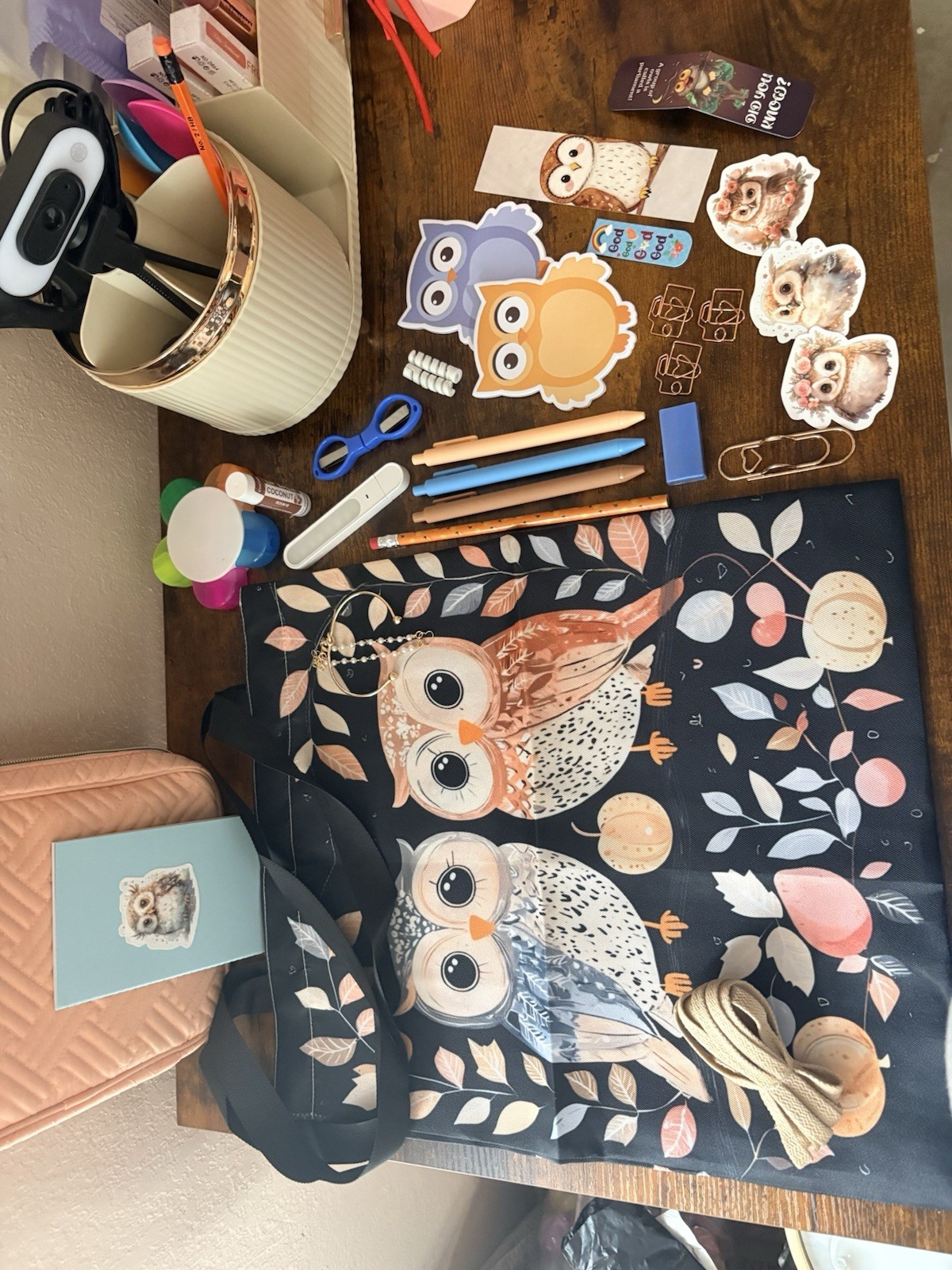 Owl-Themed Accessory Lot Stickers Bookmarks Tote Bag Stationery Bracelet Pouch