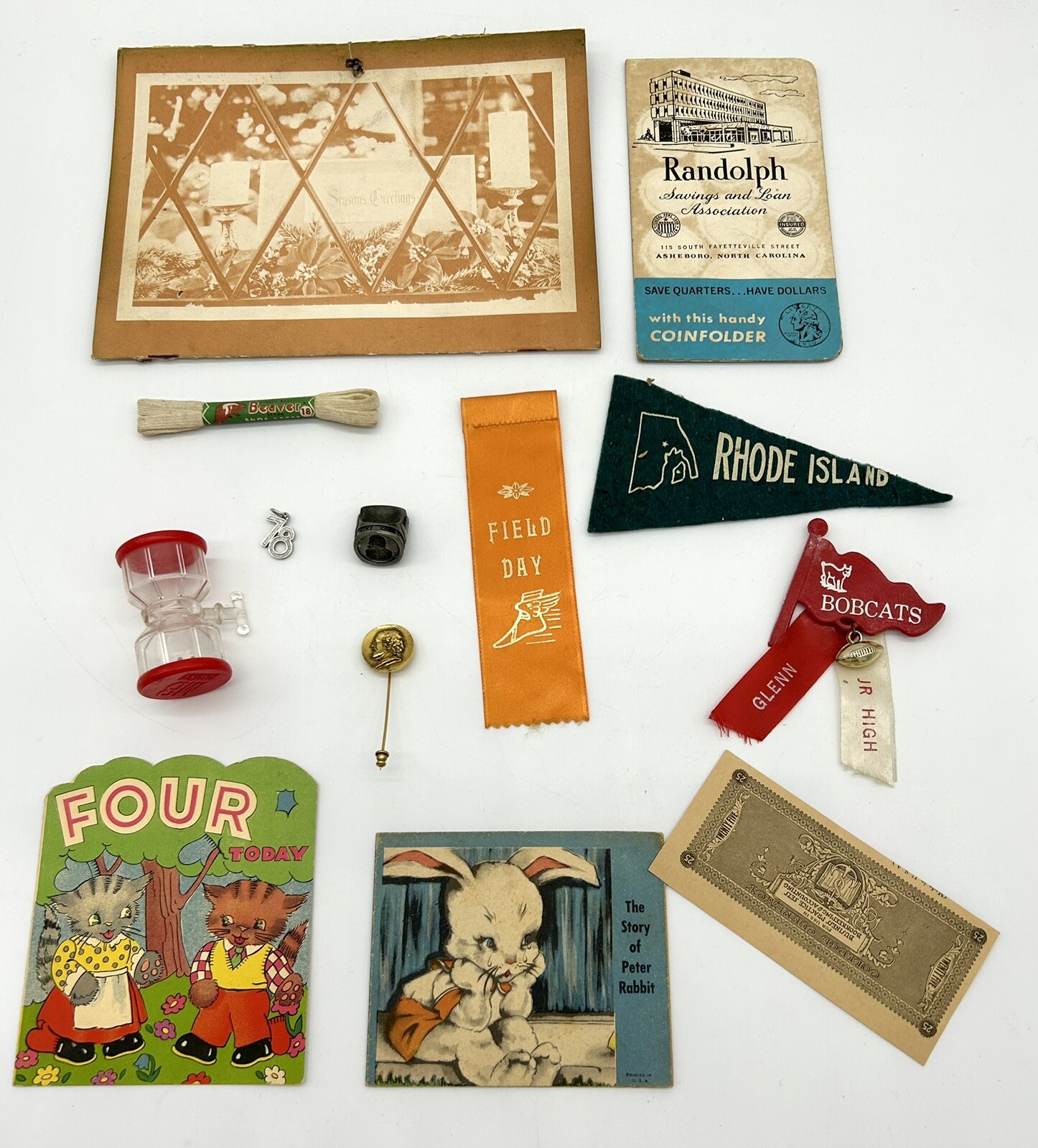 Junk Drawer Of Vintage Items Cards Ribbons Pennant Ring Hat Pin Charm