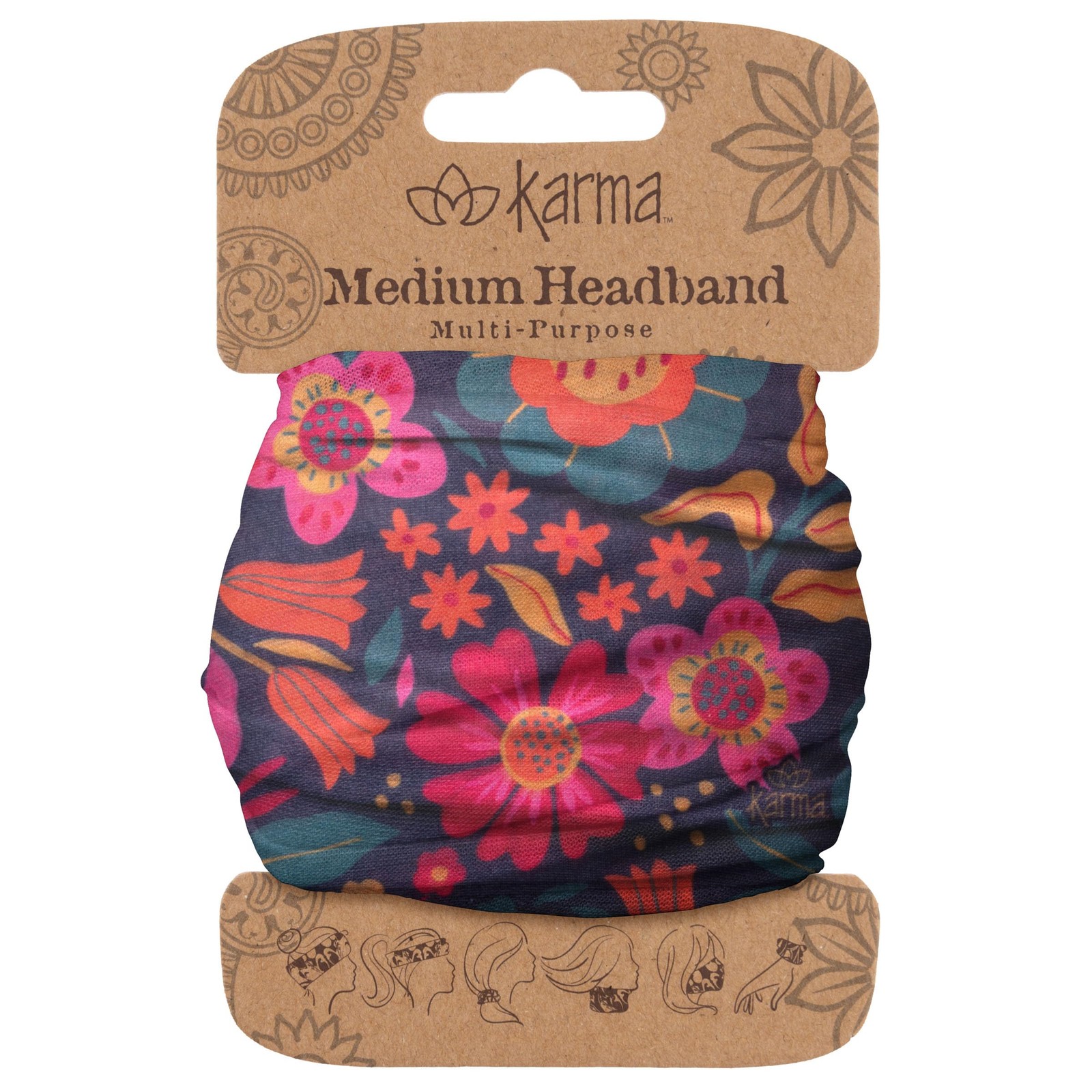 Karma Fabric Headband Stretchy Hair Scarf Beads Cord Purple medium Retro Garden