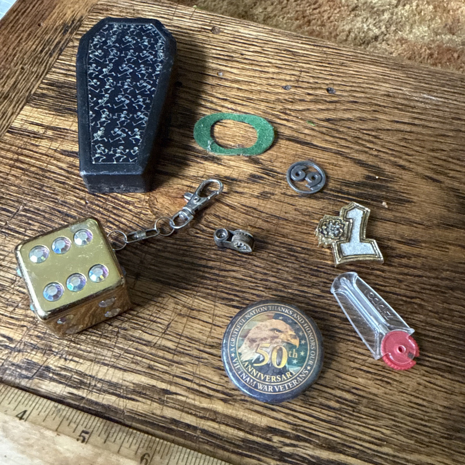 Junk Drawer Lot Vintage 69 Keychain Dice Zippo Flints Parts Vietnam Pin Coffin