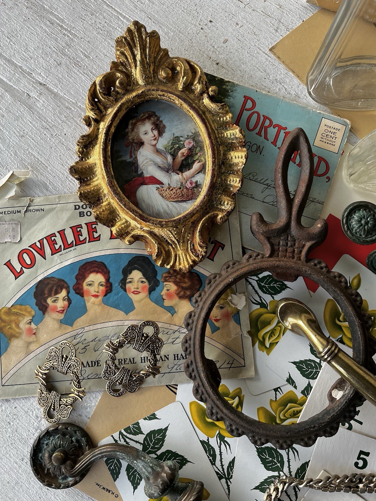 Vintage Junk Drawer Lot Postcards Costume Jewelry Medicine Bottles Silver Spoons