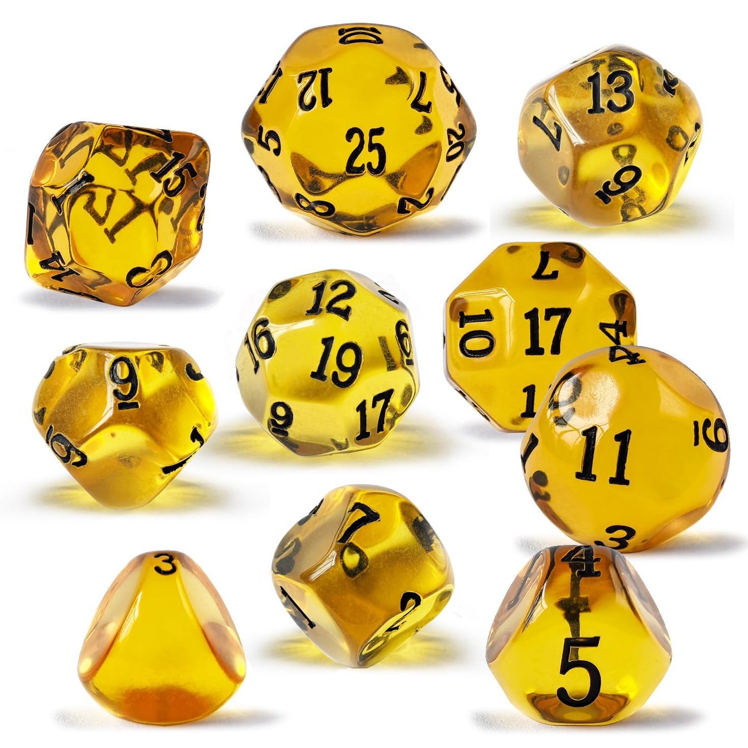10-Piece Odd Polyhedral Dice Set – D3 to D25, Amber, for RPG Tabletop Games