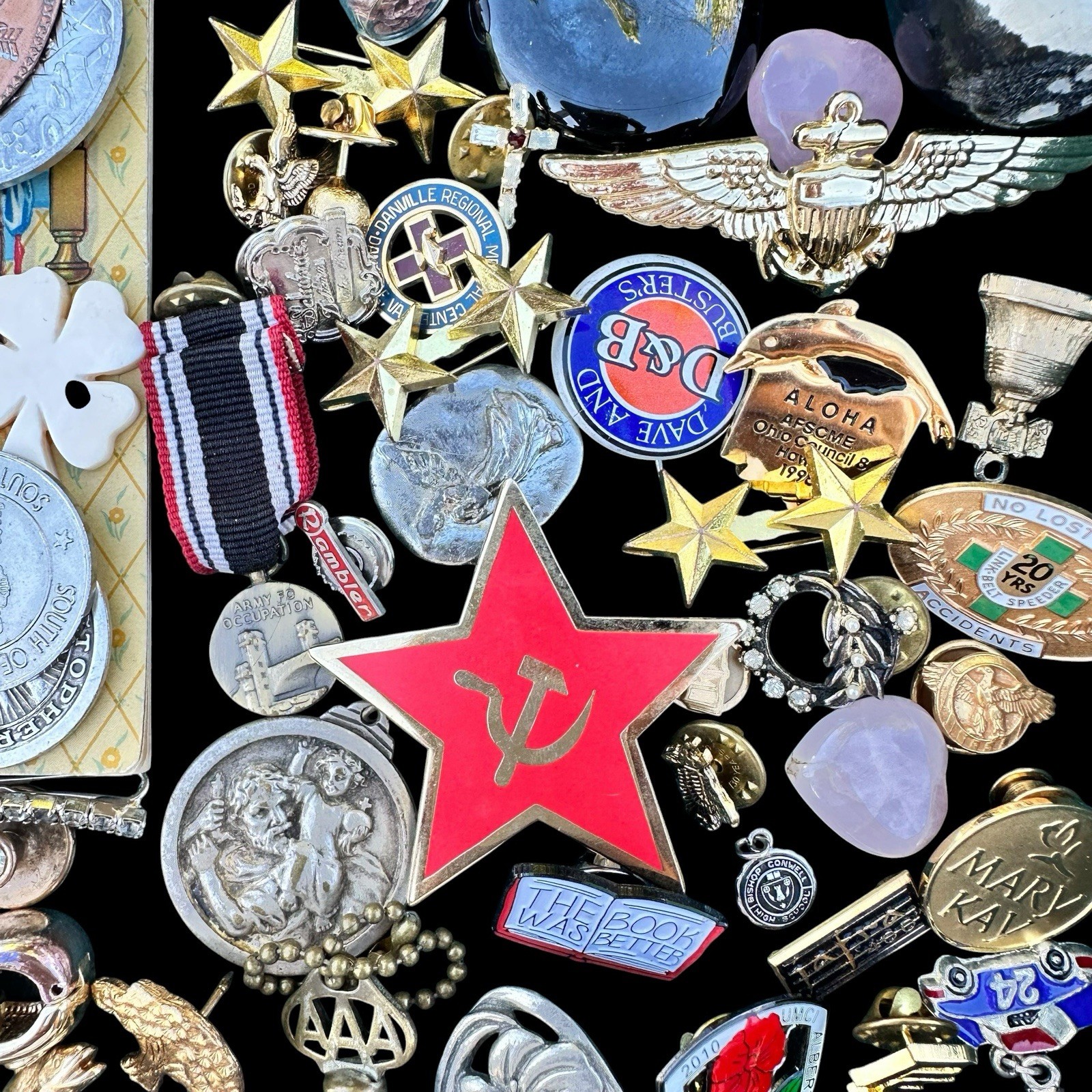 Vintage Junk Drawer Lot Lapel Pins Money Clip Keychain Trinkets Collectible 2 Lb