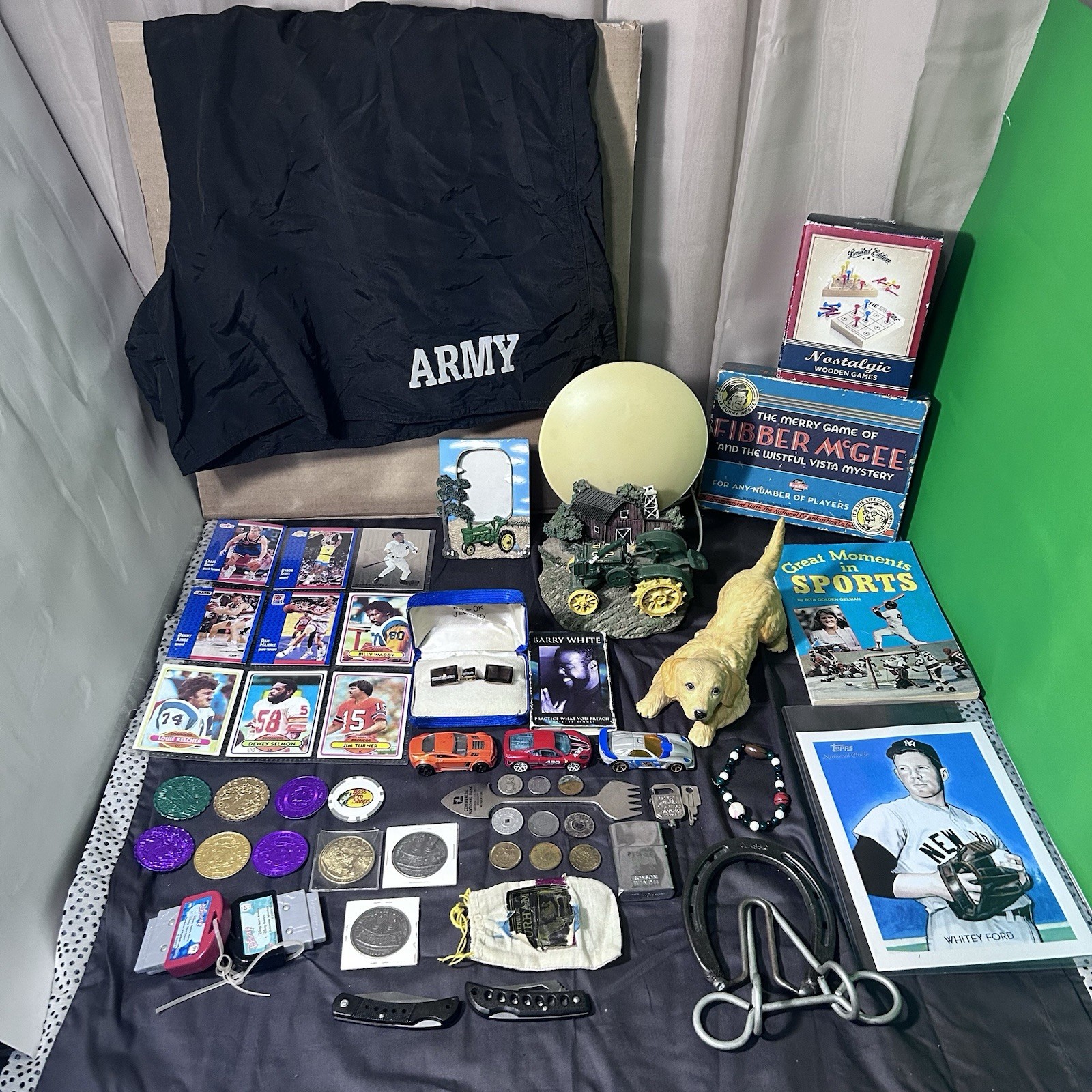 Vintage Junk Drawer Lot Sports Cards Coins John Deer Games Golden Retriever Cars