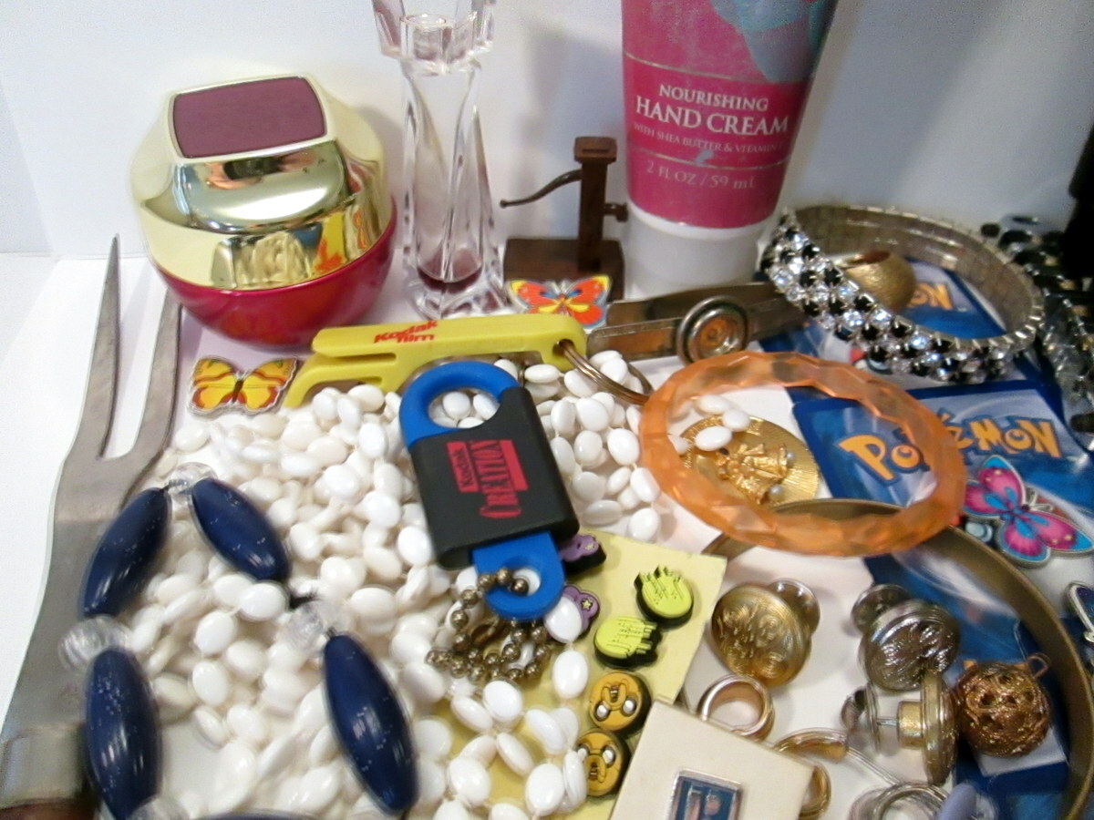 Vintage to Now Junk Drawer Lot Jewelry Pokemon Japan Tin Canister Pins etc