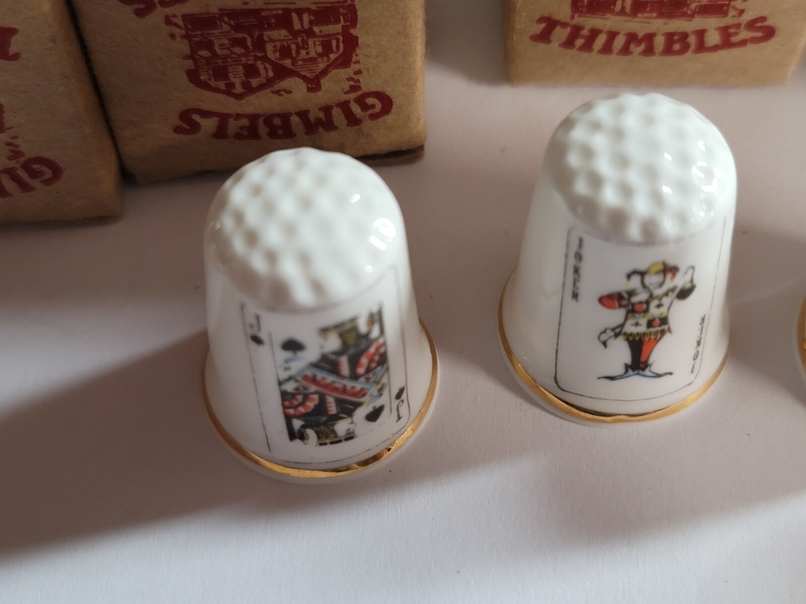 NEW SET OF 4 KING QUEEN JACK JOKER SPADES GIMBELS THIMBLES FINE BONE CHINA UK