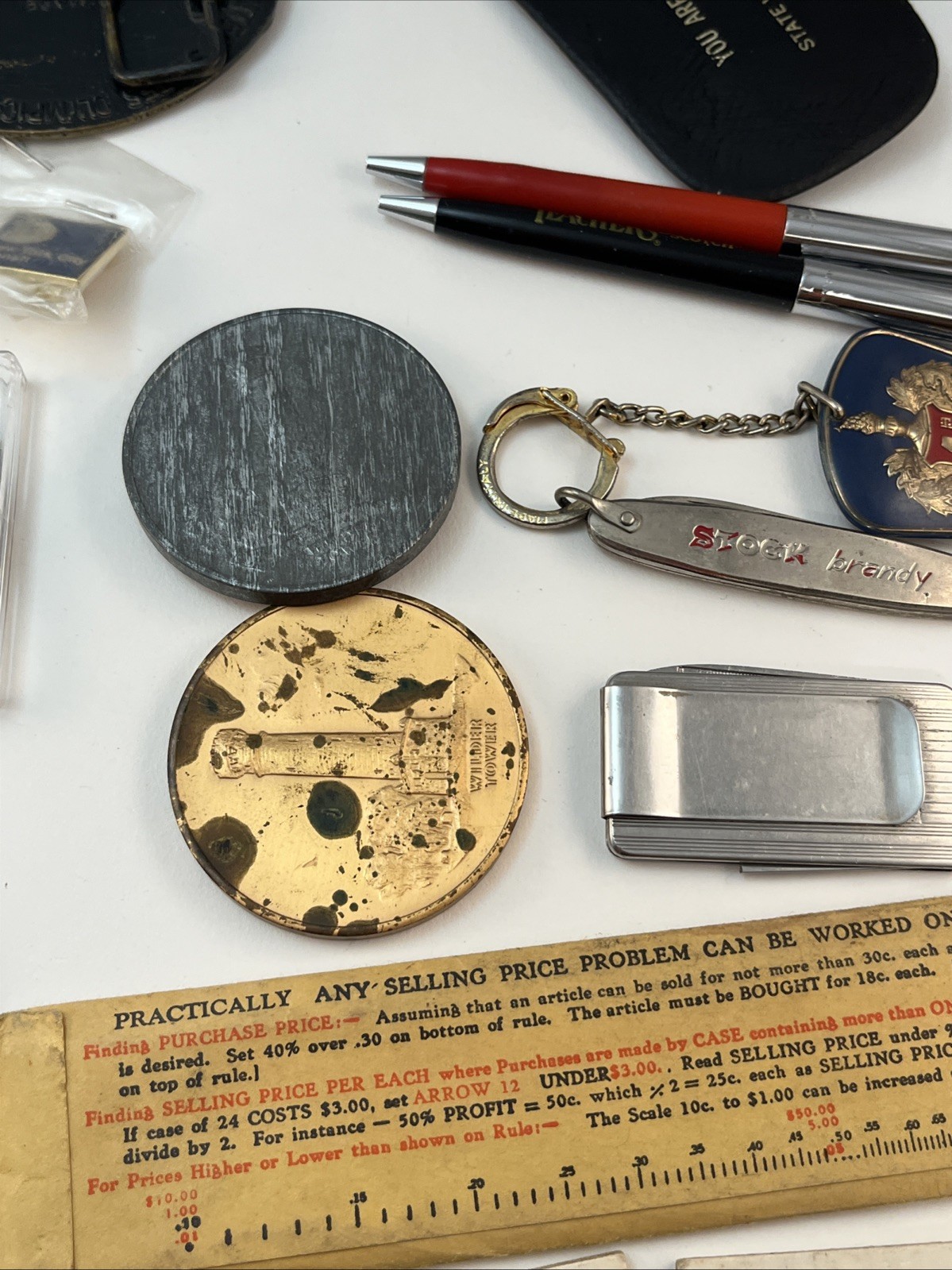 Vintage Tokens Belt Buckles Ink Pens Key Chain Junk Drawer LOT