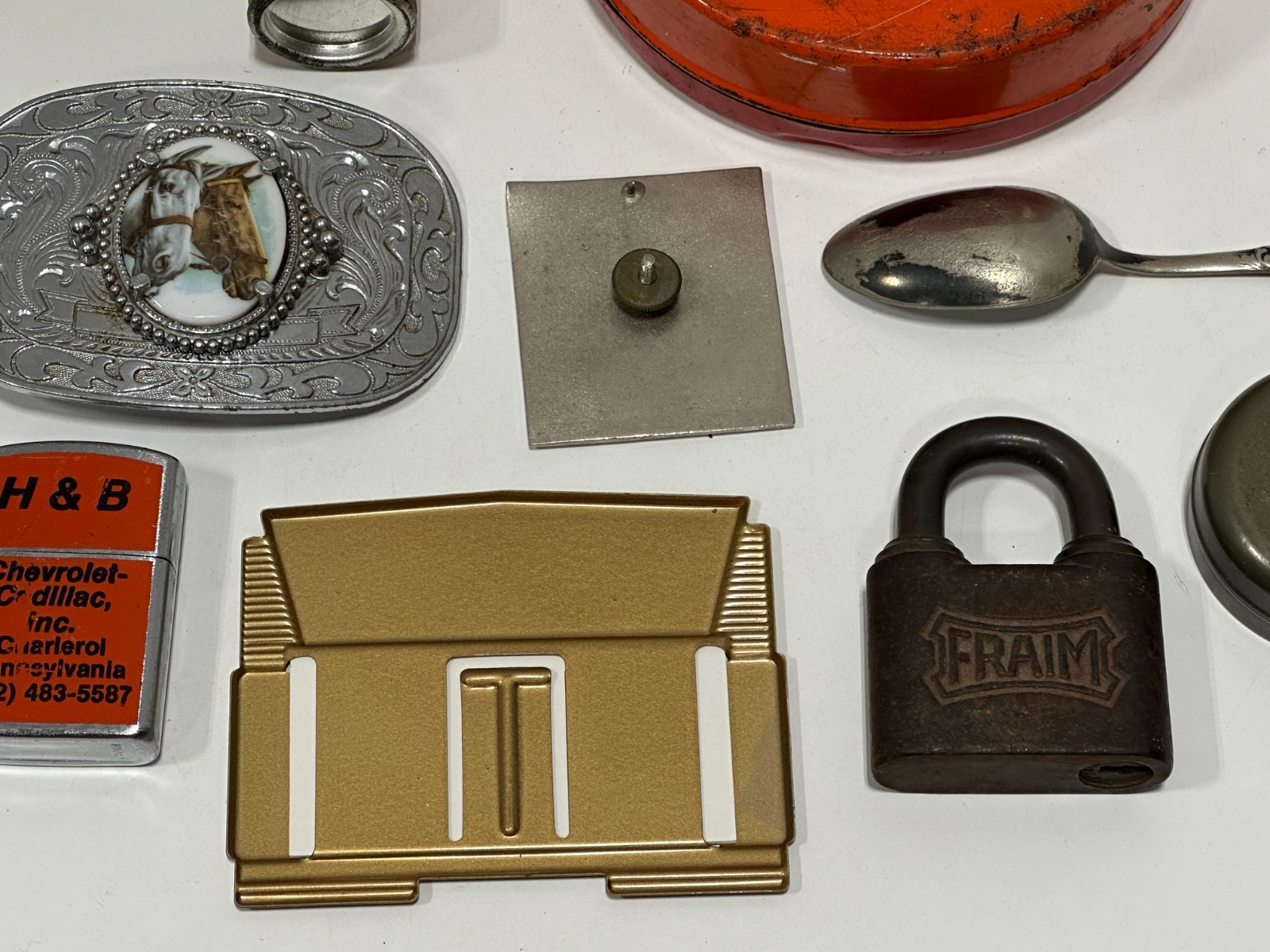 Vtg Advertising junk drawer lot lighters tins buckle badge zippo collectible