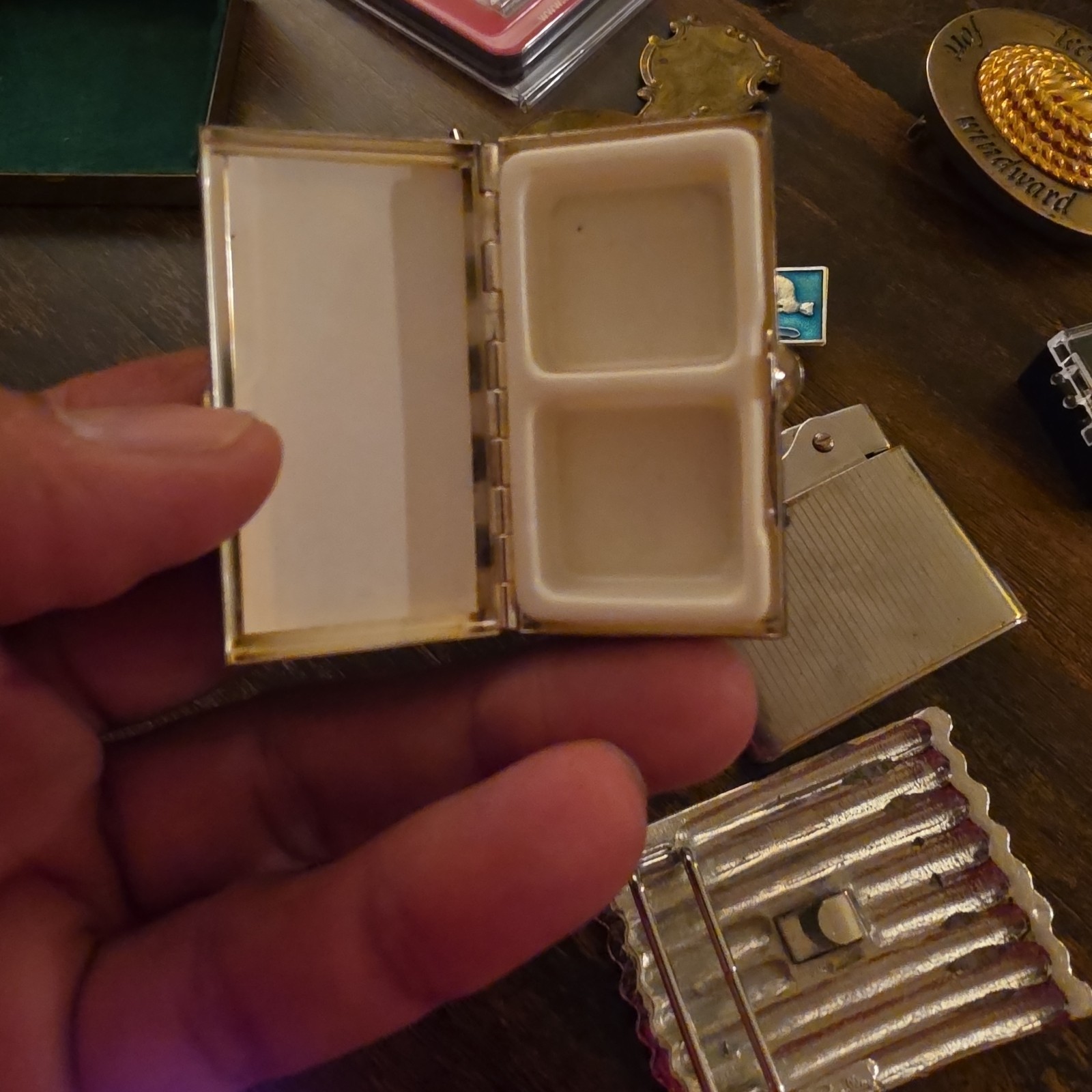 Vintage Junk Drawer Lot of Small Items Pill Box Buckle 10 Money Clip Mirror