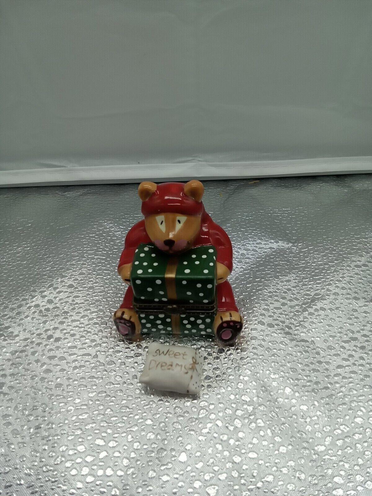 Vintage Trinket Jewelry Dish W/ Tip Sweet Dreams Bear. Red Pillow Christmas