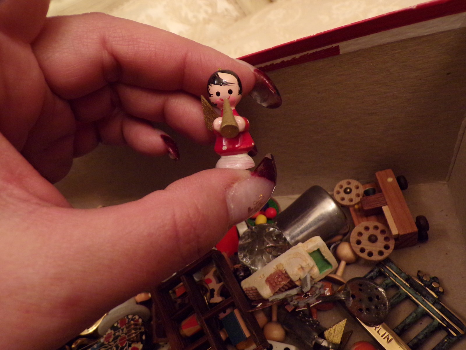 VTG Large Box of Miniatures Wooden Ornaments, Glass Figurine and Metal