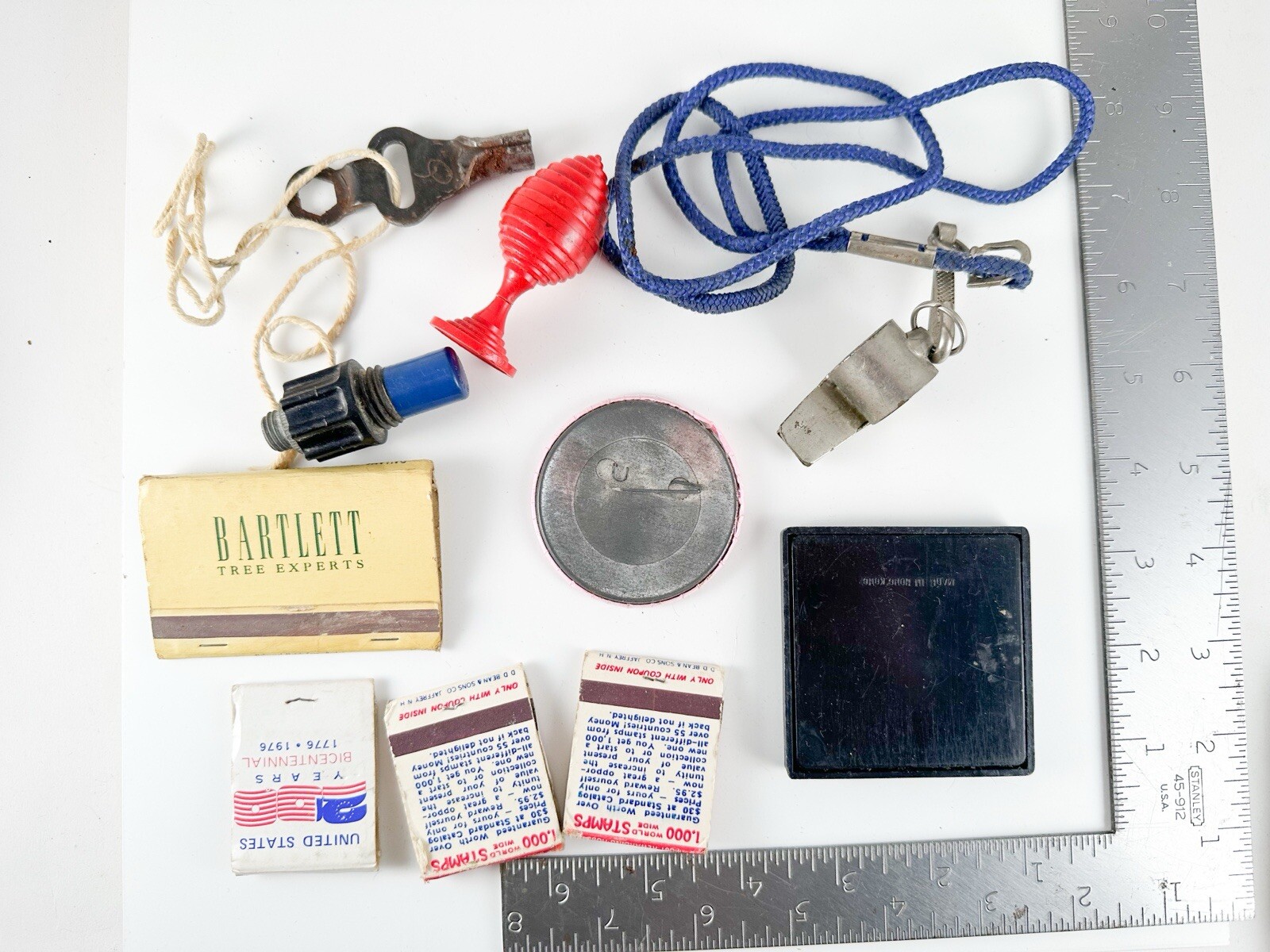 Vintage Junk Drawer Lot Button Matches Whistle Key Game Pieces Car Parts