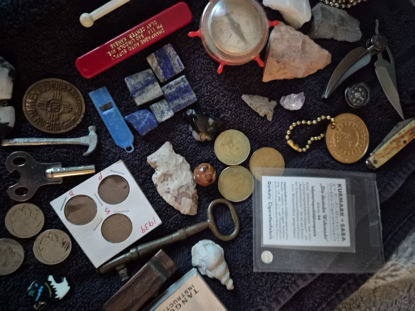 Vintage Junk Drawer – Coins, Arrowheads, Fossils, Knives Compass, & Collectibles