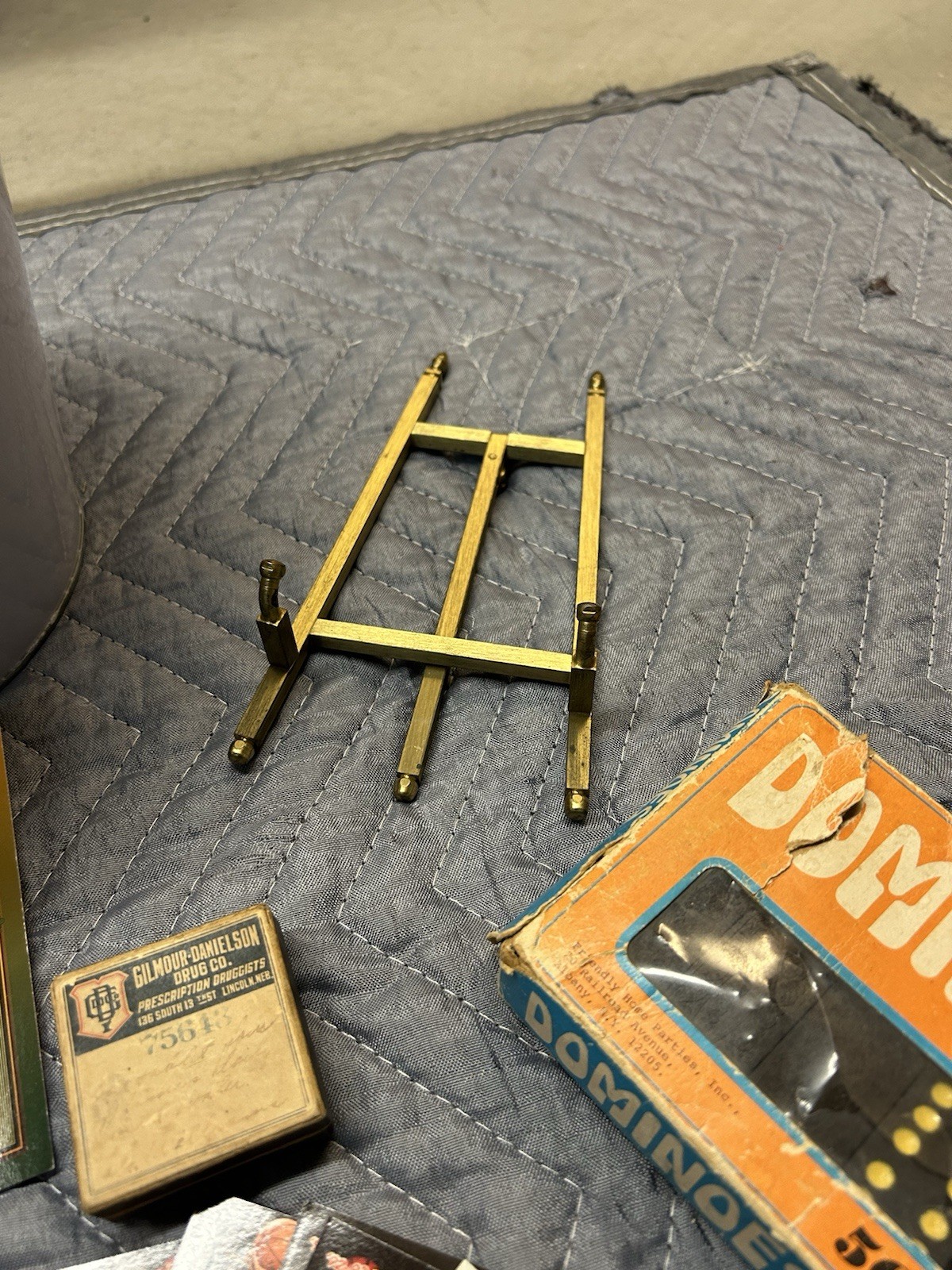 Junk Drawer Lot, Vintage Dominoes, Beer Bucket, Basketball cards, Brewery hat