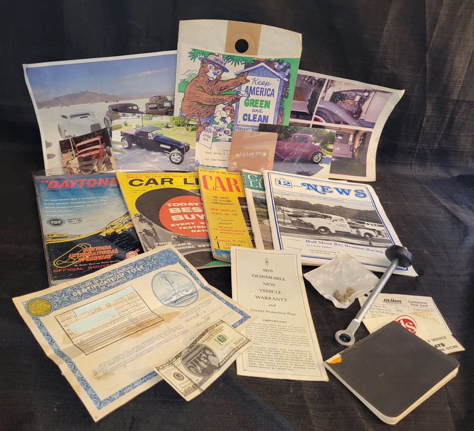 Vintage Auto Memorabilia Junk Drawer Lot Car Life Magazines Smokey Bear Parts