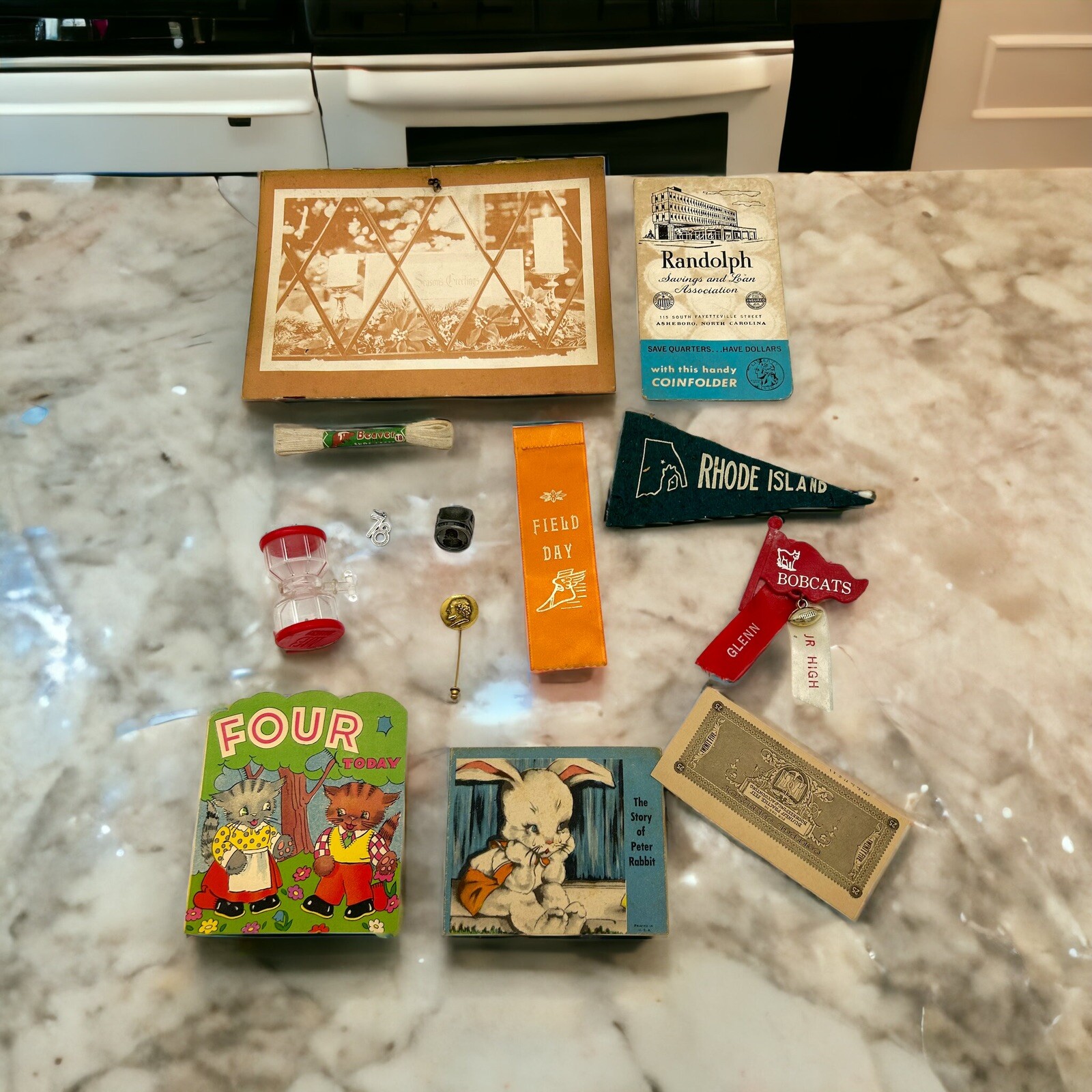 Junk Drawer Of Vintage Items Cards Ribbons Pennant Ring Hat Pin Charm