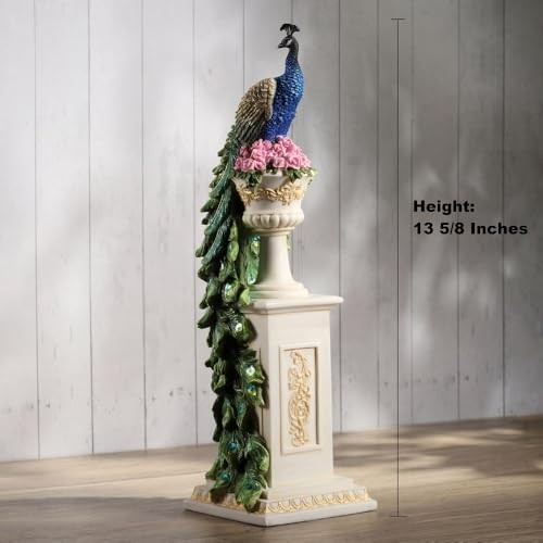 Veronese 13.625″ Peacock on Roman Column Resin Sculpture, Home Decor Collectible