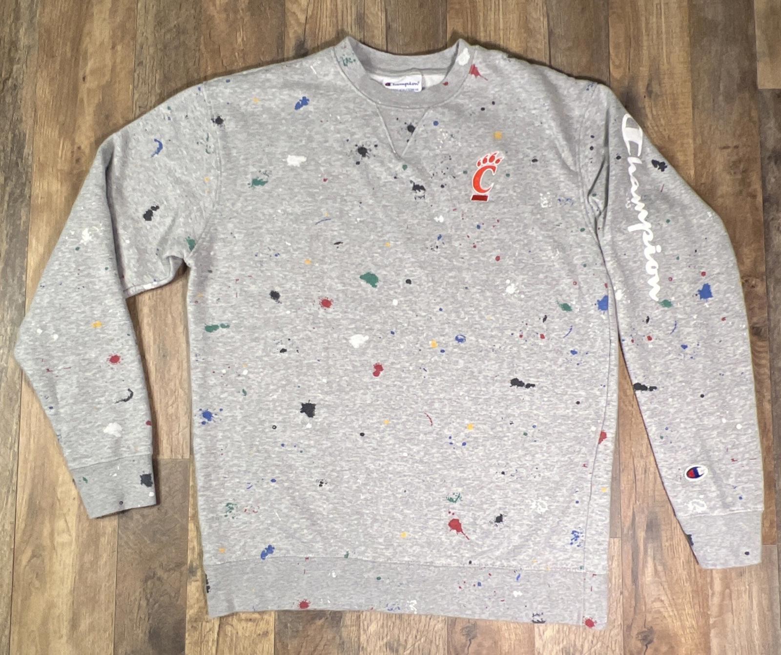 Cincinnati Bearcats Champion Paint Splatter Sweatshirt Crewneck Gray Medium.