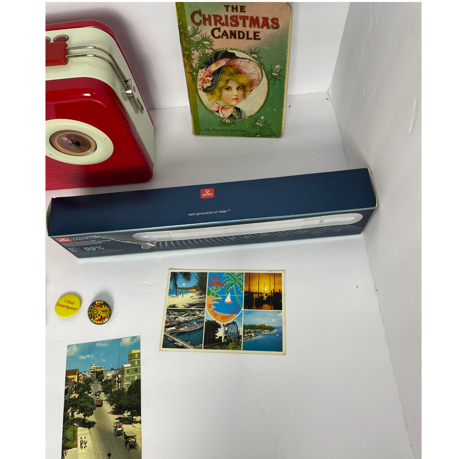 Vintage Collectible Junk Drawer Lot Retro Radio Lunch Box Nike Visor Pins Lures