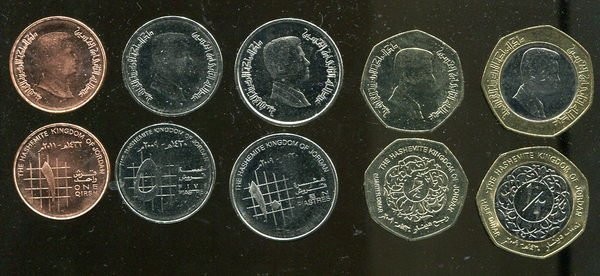 Jordan set of 5 coins 2002-2011 1 kirsch, 5, 10 piastres, 1/4, 1/2 dinars UNC