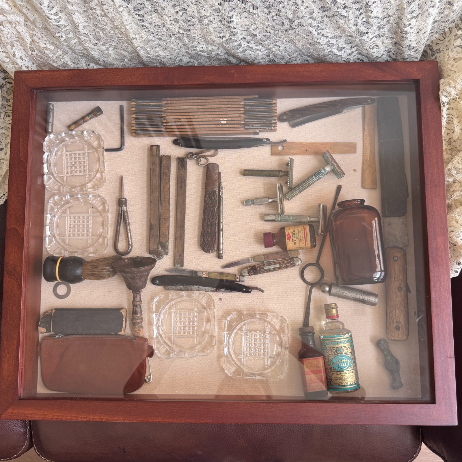 RARE Vtg Gentleman’s Junk Drawer Lot Shadow Box 30pc Shaving Apothecary Display
