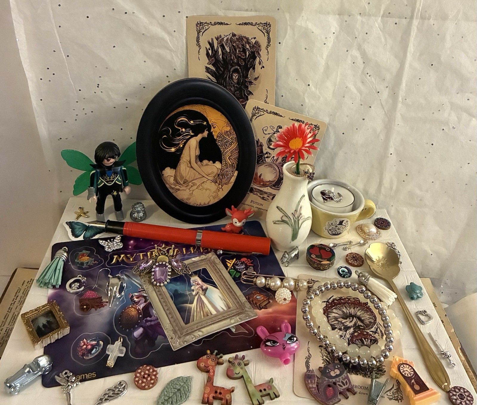 Woman Moon Decor Bee Pin Vtg Calligraphy Pen Charms Junk Drawer Wicca Art Lot