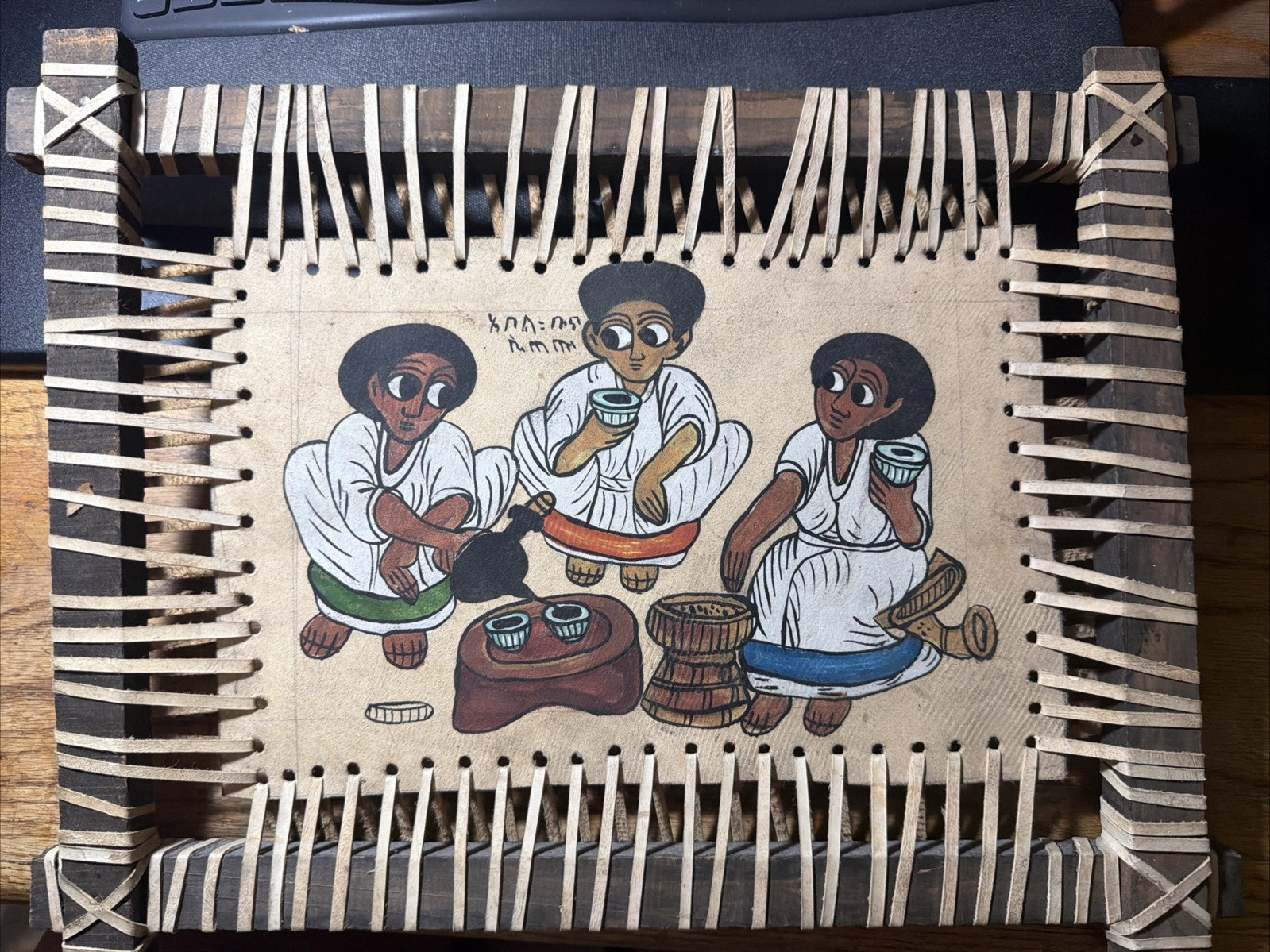 Ethiopian Folk Art Hand-Painted on Leather 13×17 Traditional Wooden Frame Box 2
