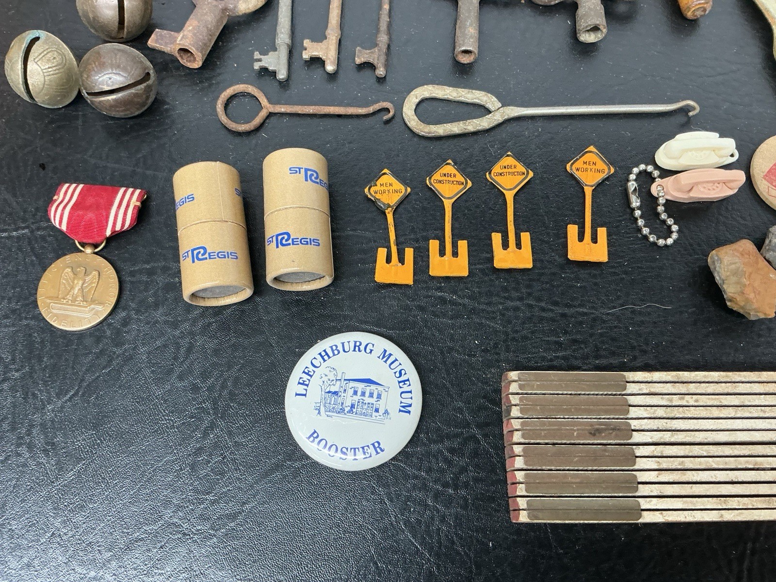 Vtg Junk Drawer Lot Skeleton Clock Key Bell Zippo Toys Tape Measure Opener Pins