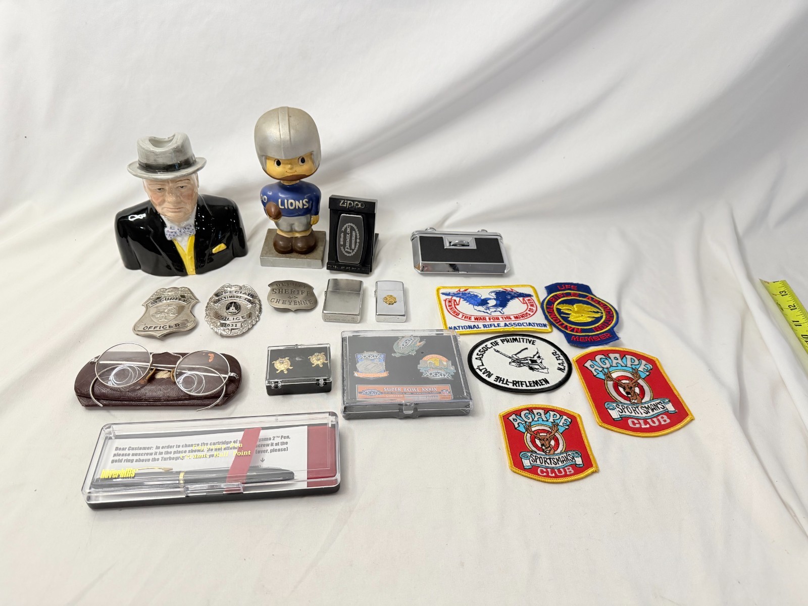 Collectible LOT Zippo Lions Bobblehead Churchill Vintage Glasses Patches Pen